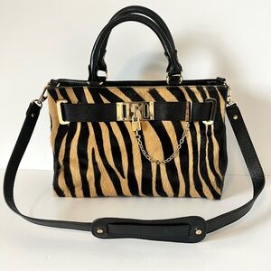 Antonio Melani Black Tan Zebra Pattern Calf Hair Cow Leather Crossbody Satchel